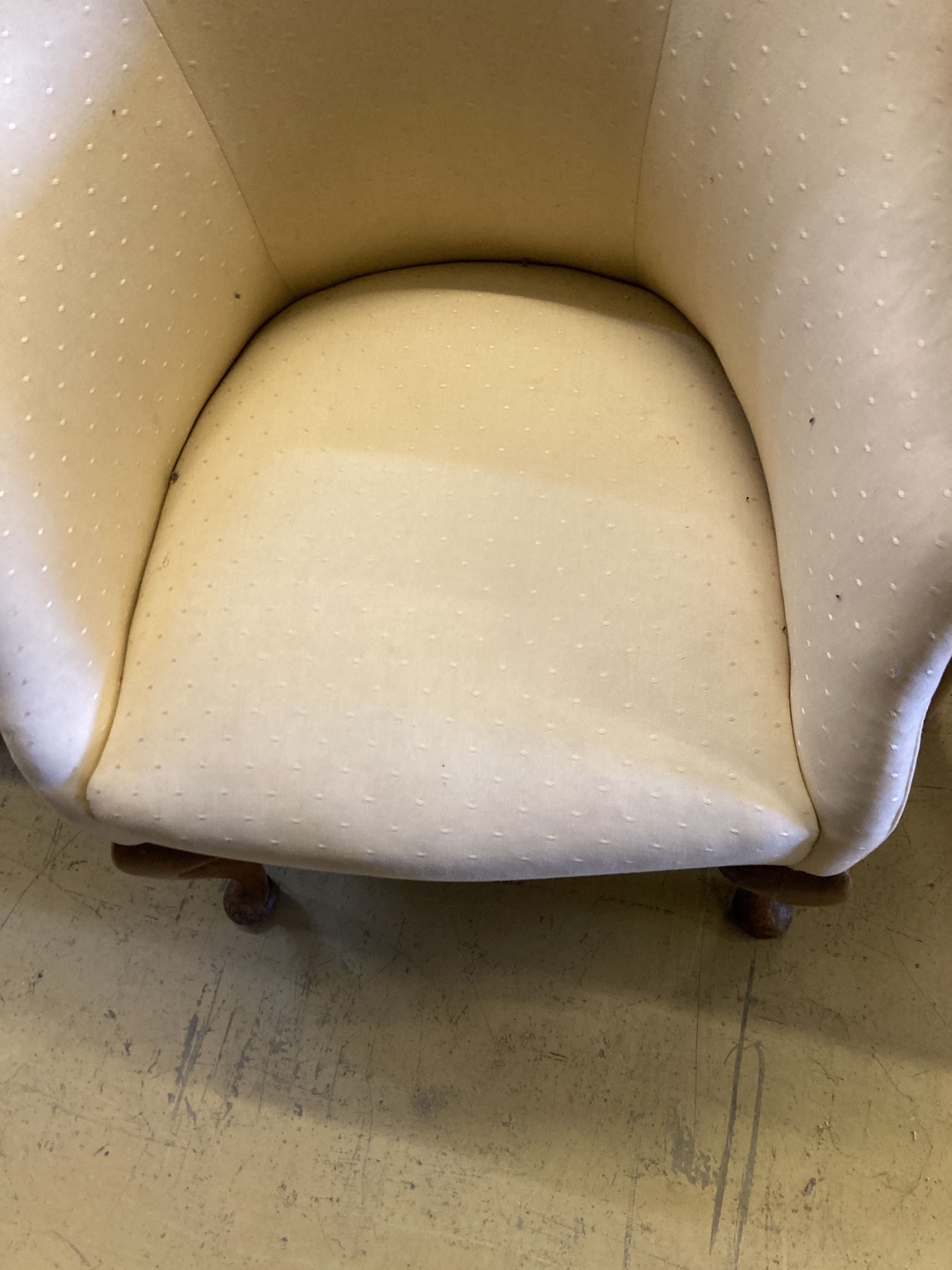 A Queen Anne style armchair with cabriole legs and pale yellow upholstery, width 62cm, depth 56cm, height 90cm